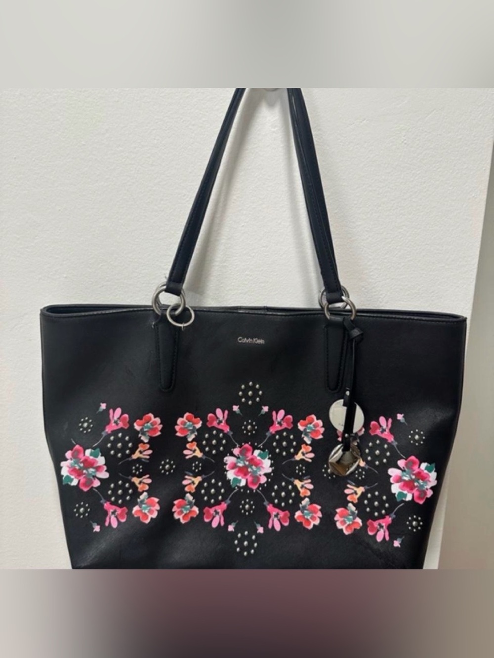 Calvin Klein Large Black Floral Studded Work Tote Shoulder Bag